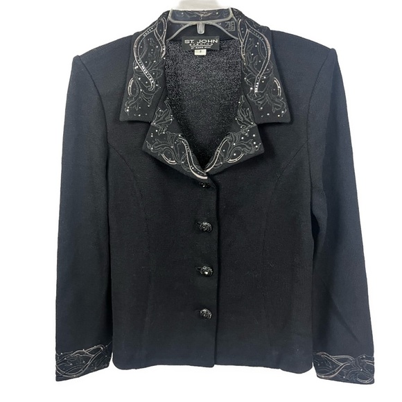 St.‎ John Women's Santana Knit Black Bejeweled Button Front Blazer- Size 8
